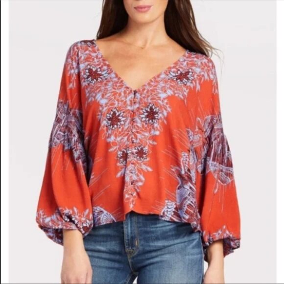 Free People Birds of a Feather Button up Blouse Blouson Sleeve Top Small - Picture 8 of 8